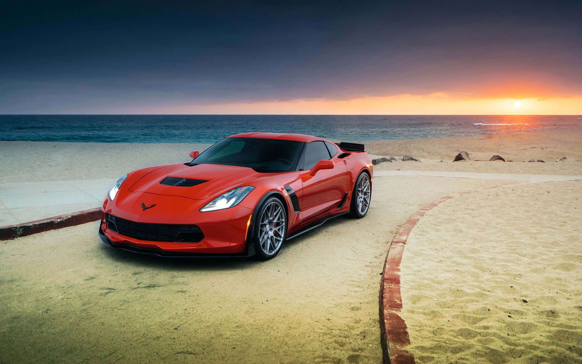 Chevrolet Corvette Z06, sandy beach, sunset, Full HD Desktop Wallpaper