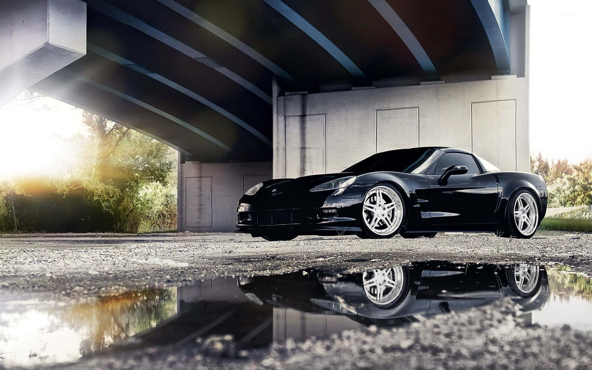 Chevrolet Corvette Z06, black, puddle, Full HD Desktop Wallpaper