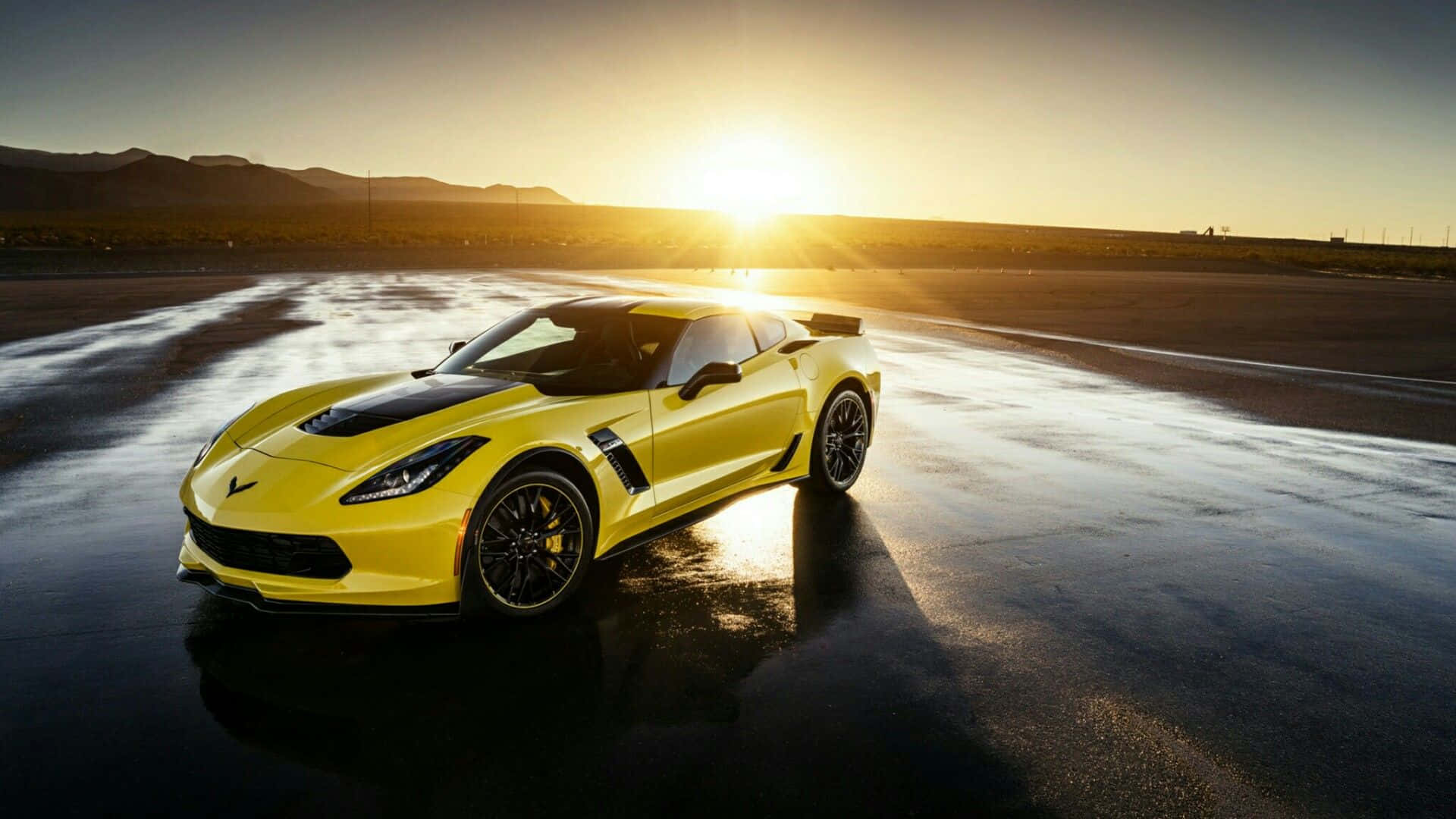 Chevrolet Corvette Z06, vibrant yellow, wet racetrack, Full HD Desktop Wallpaper