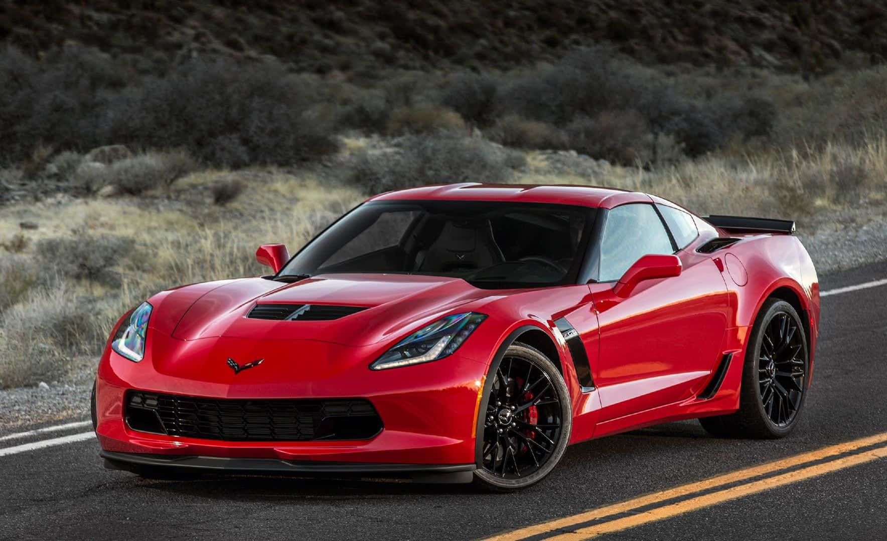 Chevrolet Corvette Z06, glossy red, desert highway, HD Desktop Wallpaper