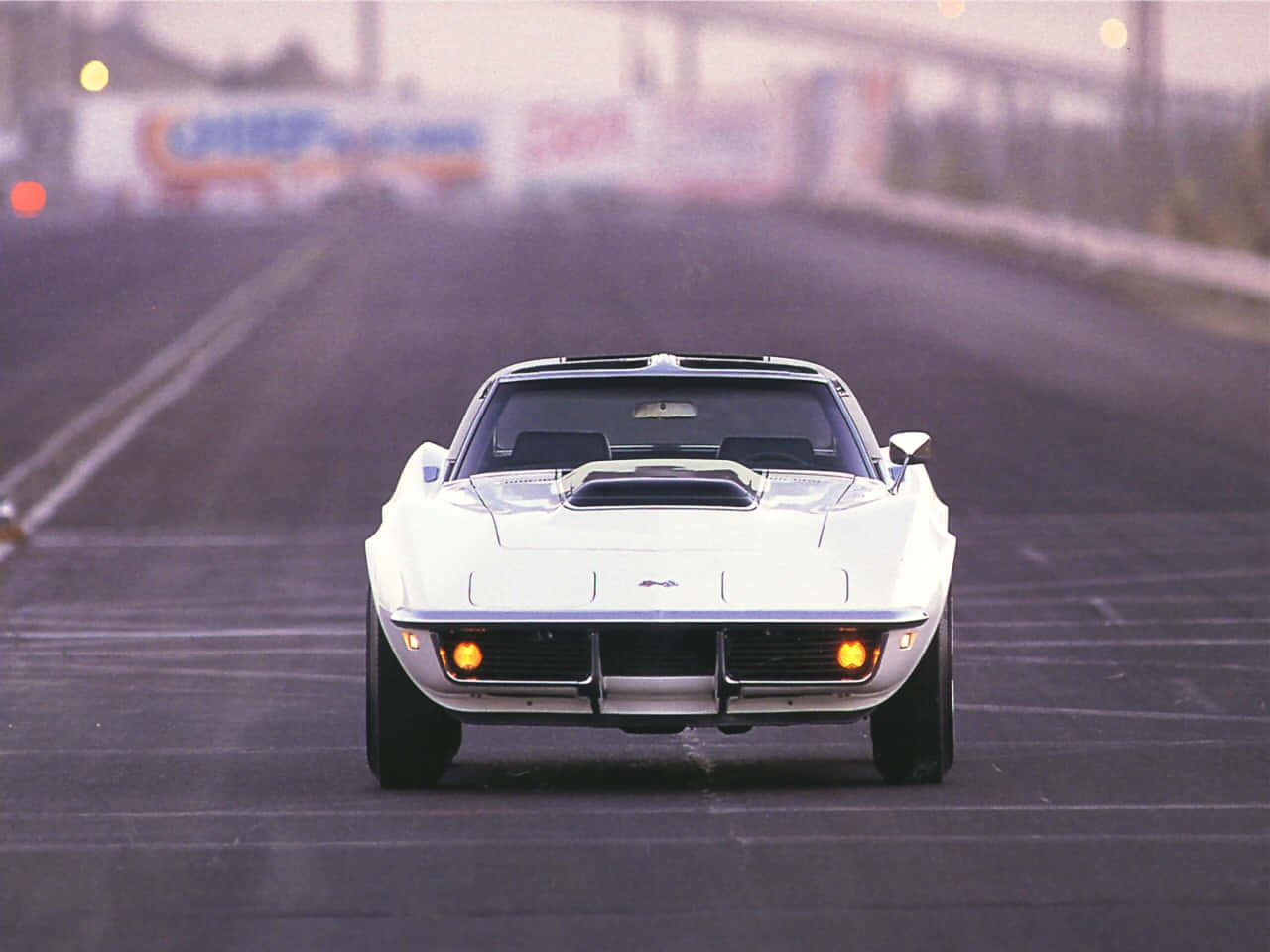 white Chevrolet Corvette, glowing amber headlights, wet racetrack, HD Desktop Wallpaper
