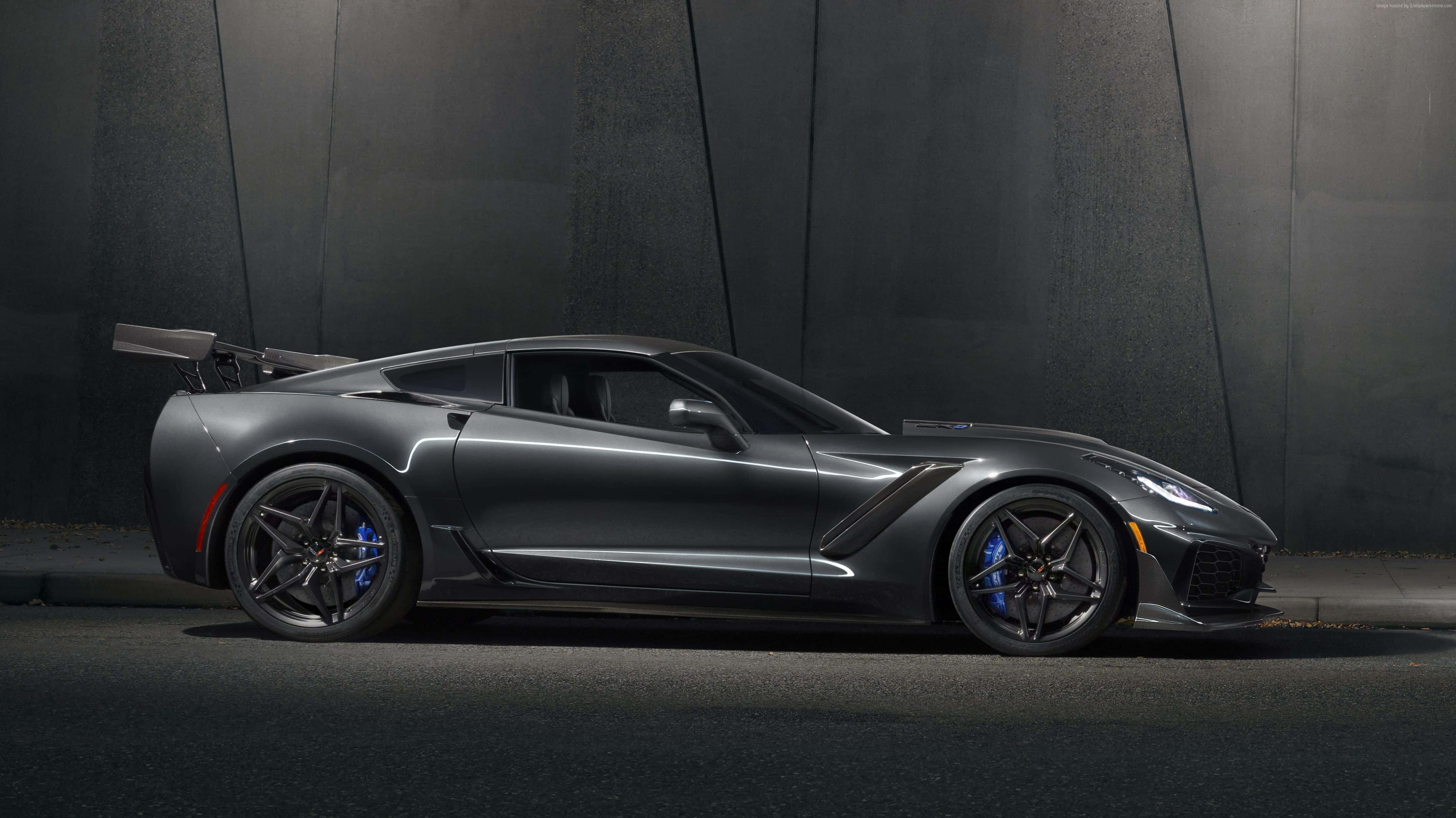 Chevrolet Corvette ZR1, matte gray, blue brake calipers, 4K Desktop Wallpaper
