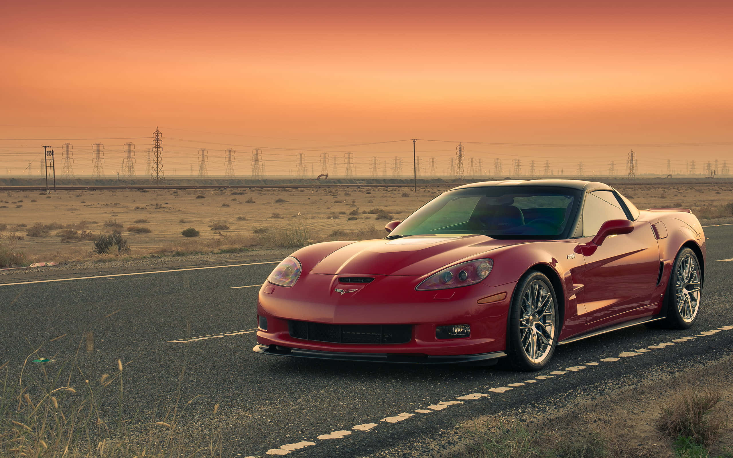 Chevrolet Corvette ZR1, glossy red, desert highway, 2K Desktop Wallpaper