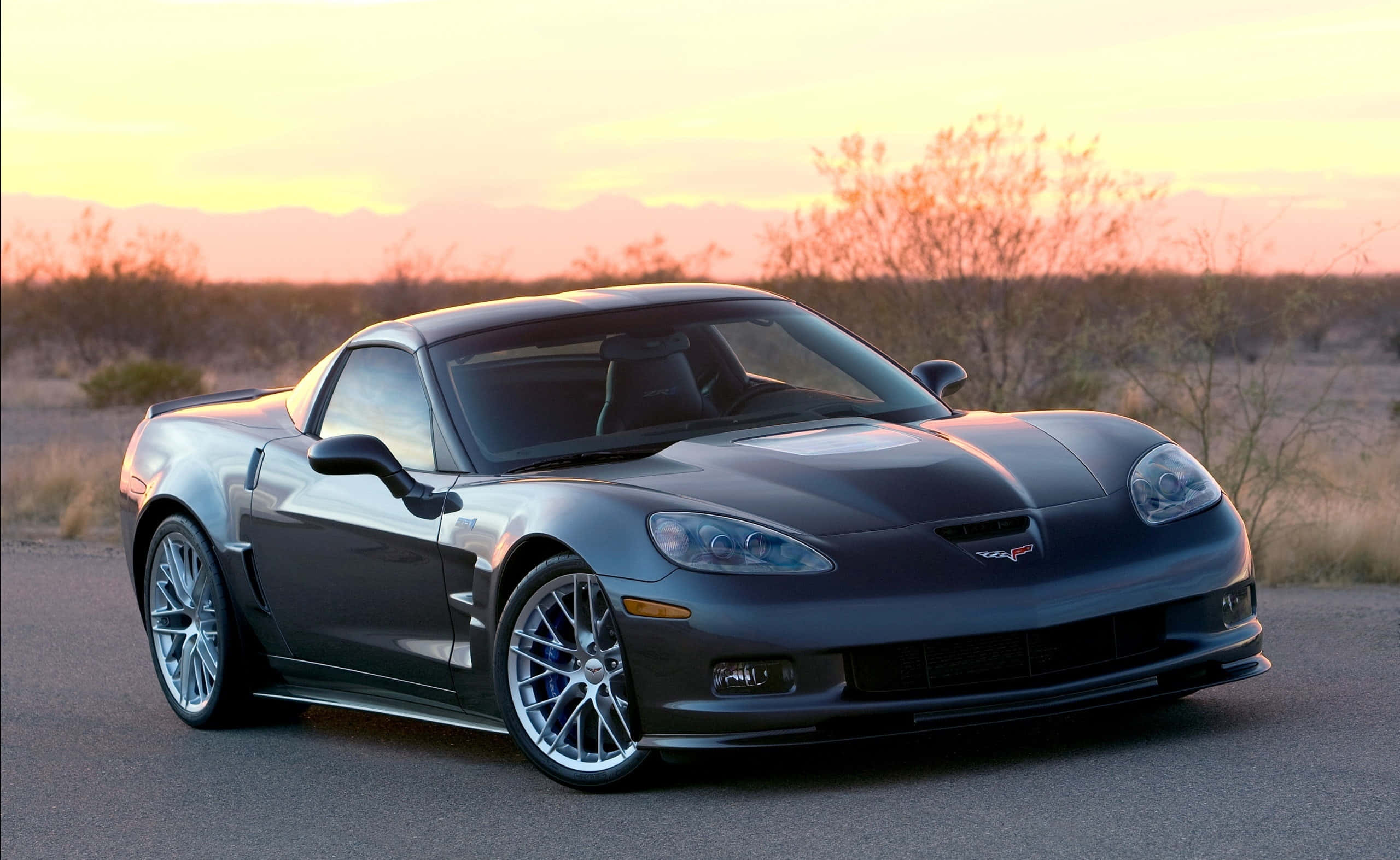 Chevrolet Corvette ZR1, dark gray, desert road, 2K Desktop Wallpaper