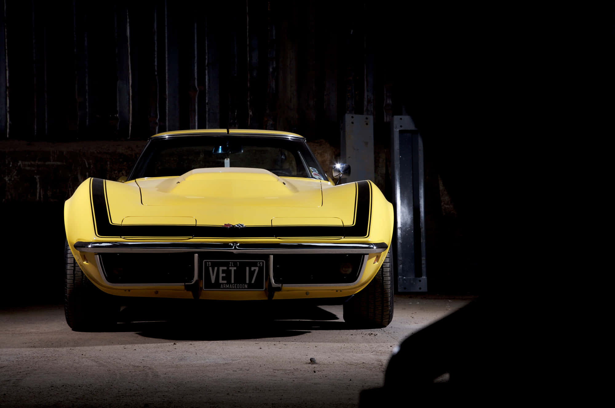 Vintage Yellow Corvette, dark garage, bright yellow classic muscle car, Full HD Desktop Wallpaper