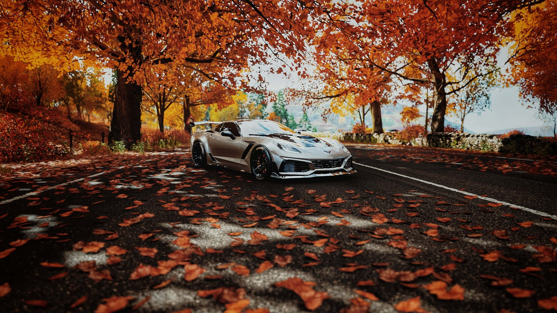 Chevrolet Corvette ZR1, silver, fiery orange autumn trees, Full HD Desktop Wallpaper