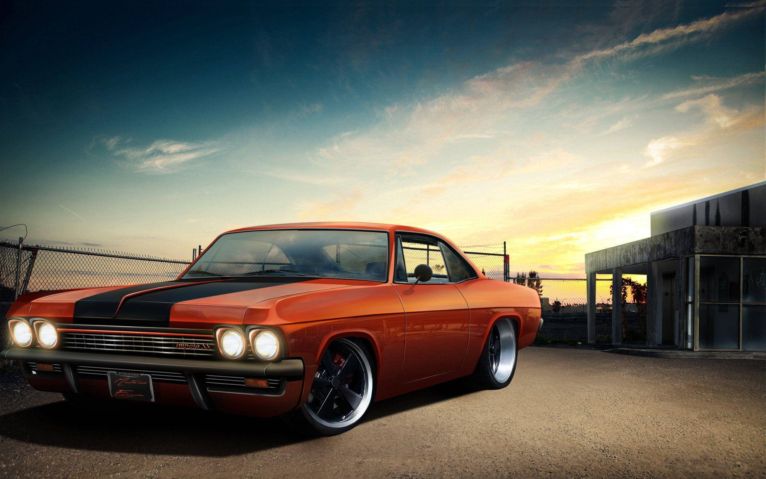 Chevrolet Impala 1967, vibrant orange, black stripes, 2K Desktop Wallpaper