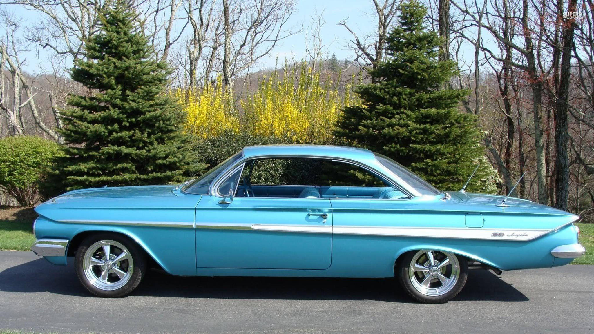 Neon Blue Chevrolet Impala 1967, turquoise classic car, chrome accents, Full HD Desktop Wallpaper
