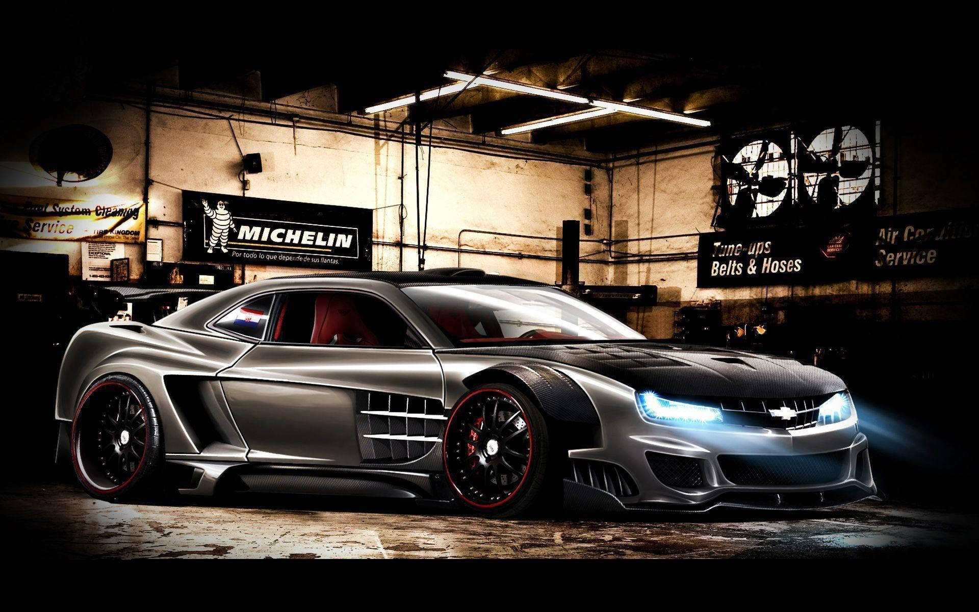 Chevrolet, sleek silver race car, glowing blue headlights, Full HD Desktop Wallpaper