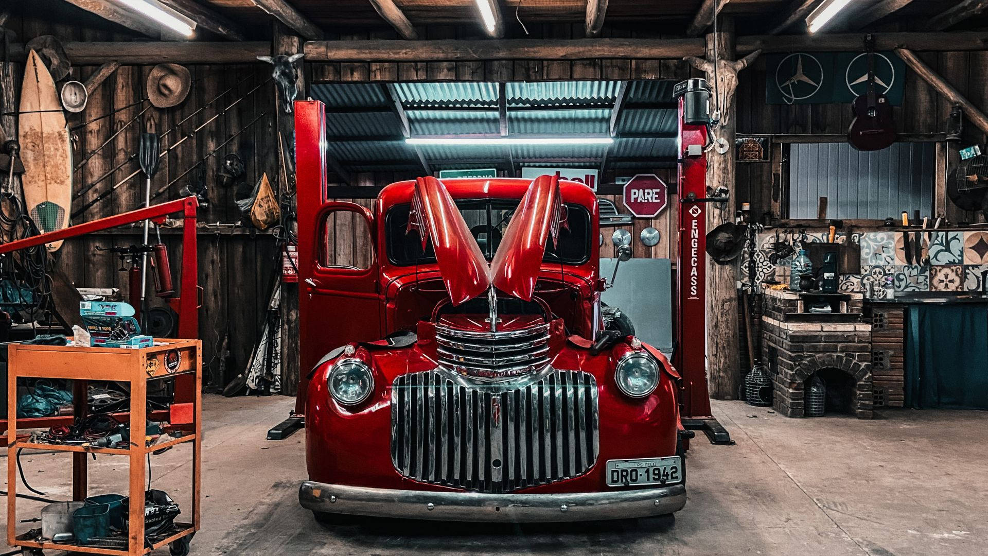 Chevrolet, vintage red truck, rustic wooden garage, Full HD Desktop Wallpaper