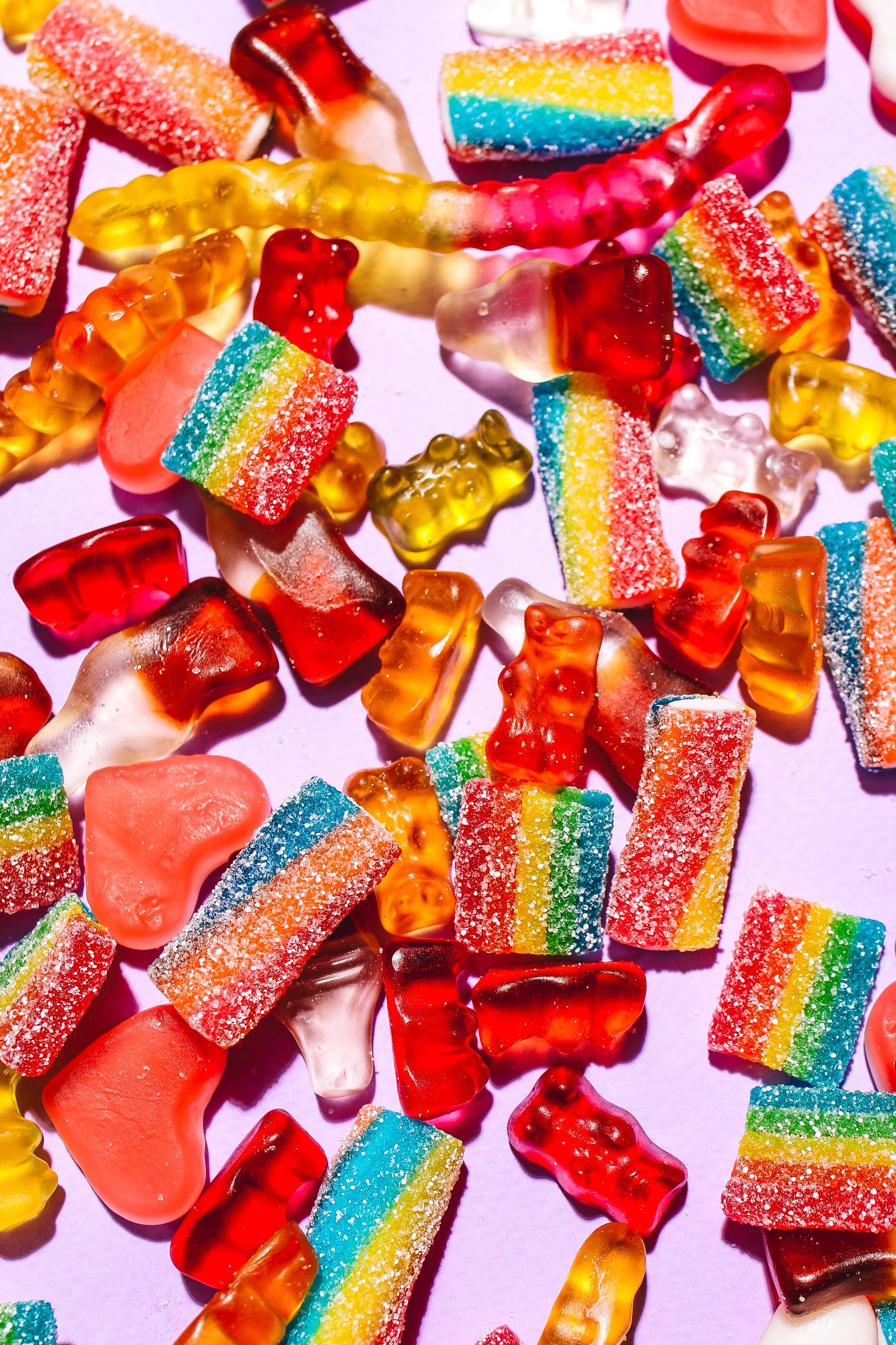 Chewy Gummies, rainbow gummy candies, sugar coating, 2K Phone Wallpaper