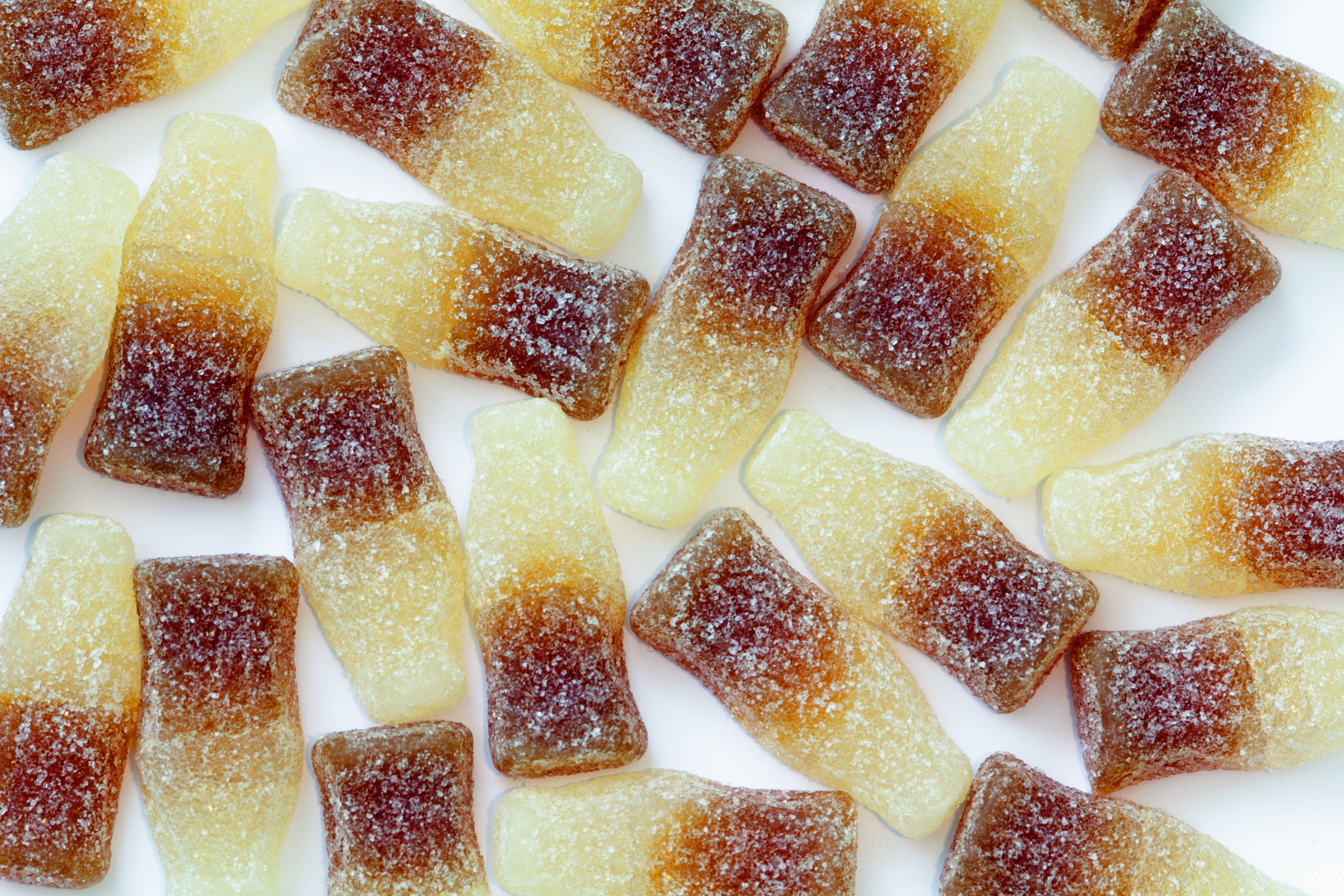 chewy cola gummies, bottles, sugar crystals, 5K Desktop Wallpaper