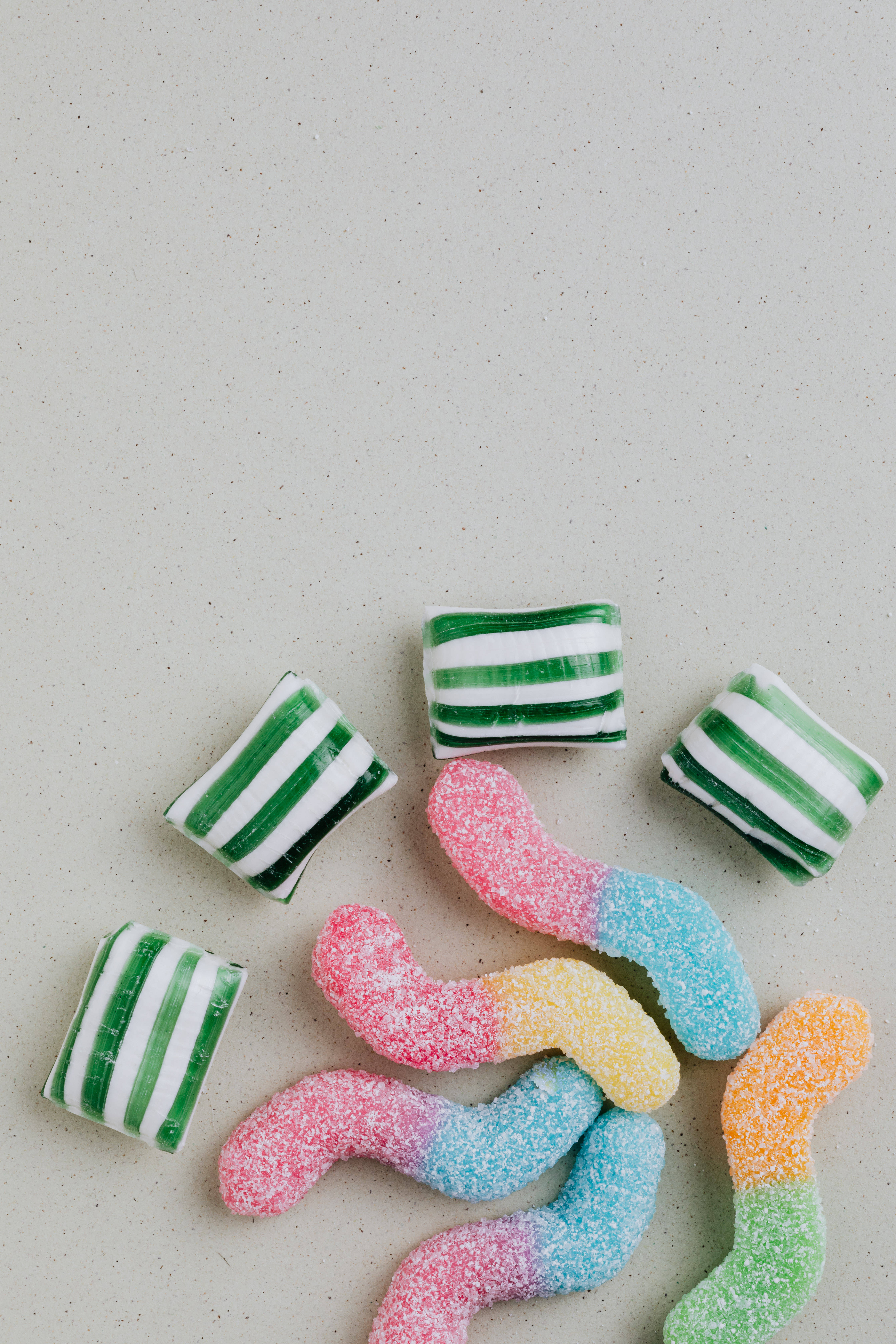 gummy candies, green white stripes, rainbow hues, 5K Phone Wallpaper