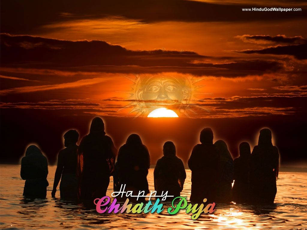 Chhath Puja, sunset, silhouetted figures, SD Desktop Wallpaper