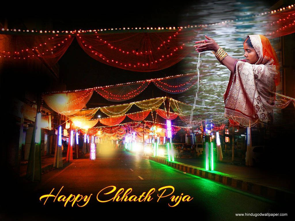 Chhath Puja, woman in traditional attire, festive lights, SD Desktop Wallpaper