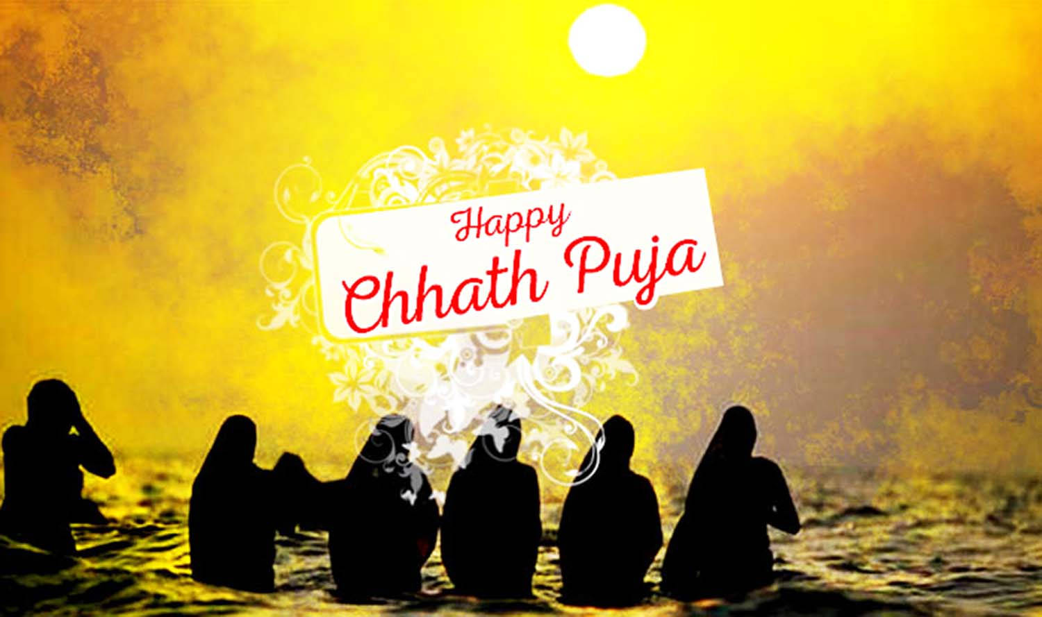 Chhath Puja, yellow ocean, silhouetted figures, HD Desktop Wallpaper