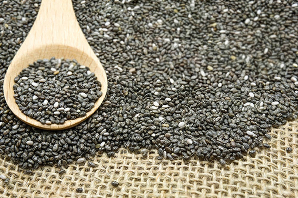 wooden spoon, dark chia seeds, textured burlap surface, SD Desktop Wallpaper