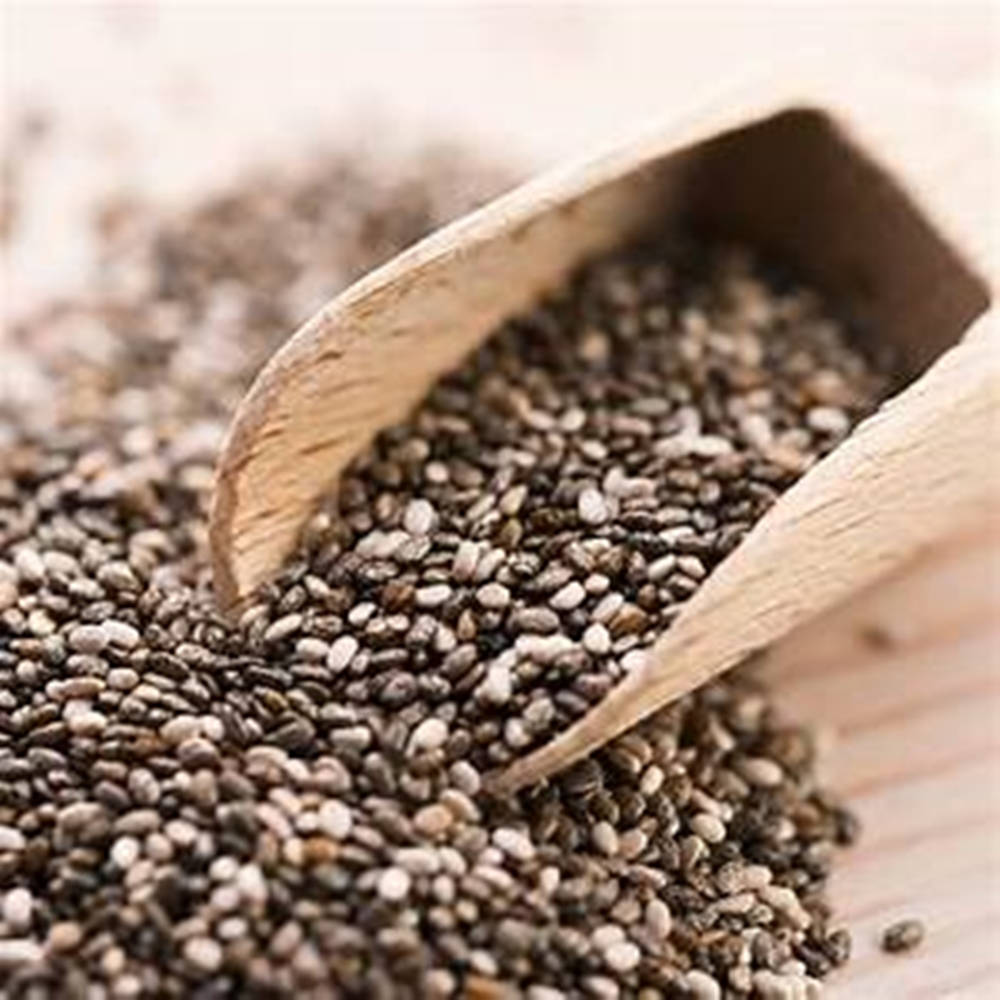 Chia Seeds, wooden scoop, light wood surface, SD Desktop Wallpaper