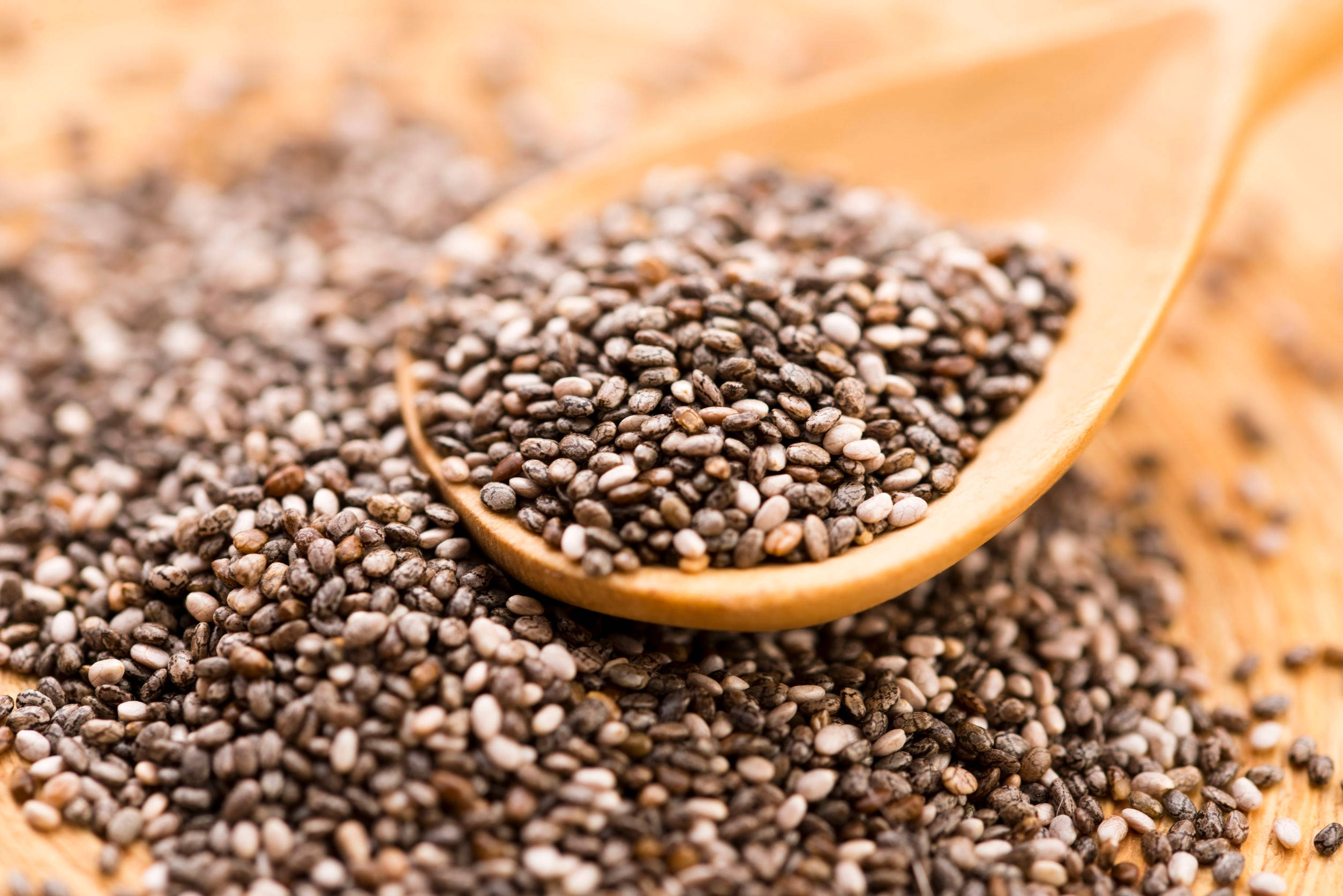 Chia Seeds, wooden spoon, black and white chia seeds, Full HD Desktop Wallpaper