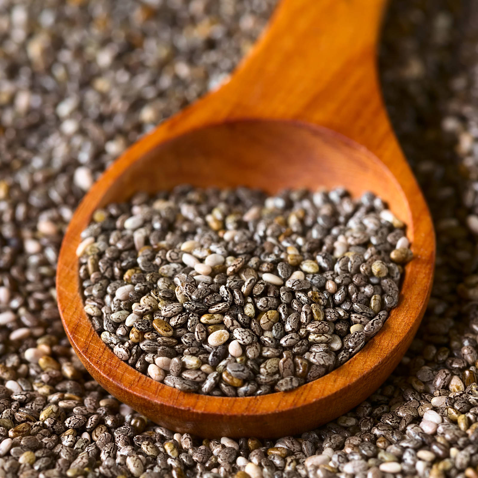 Chia Seeds, wooden spoon, speckled chia seeds, HD Desktop Wallpaper