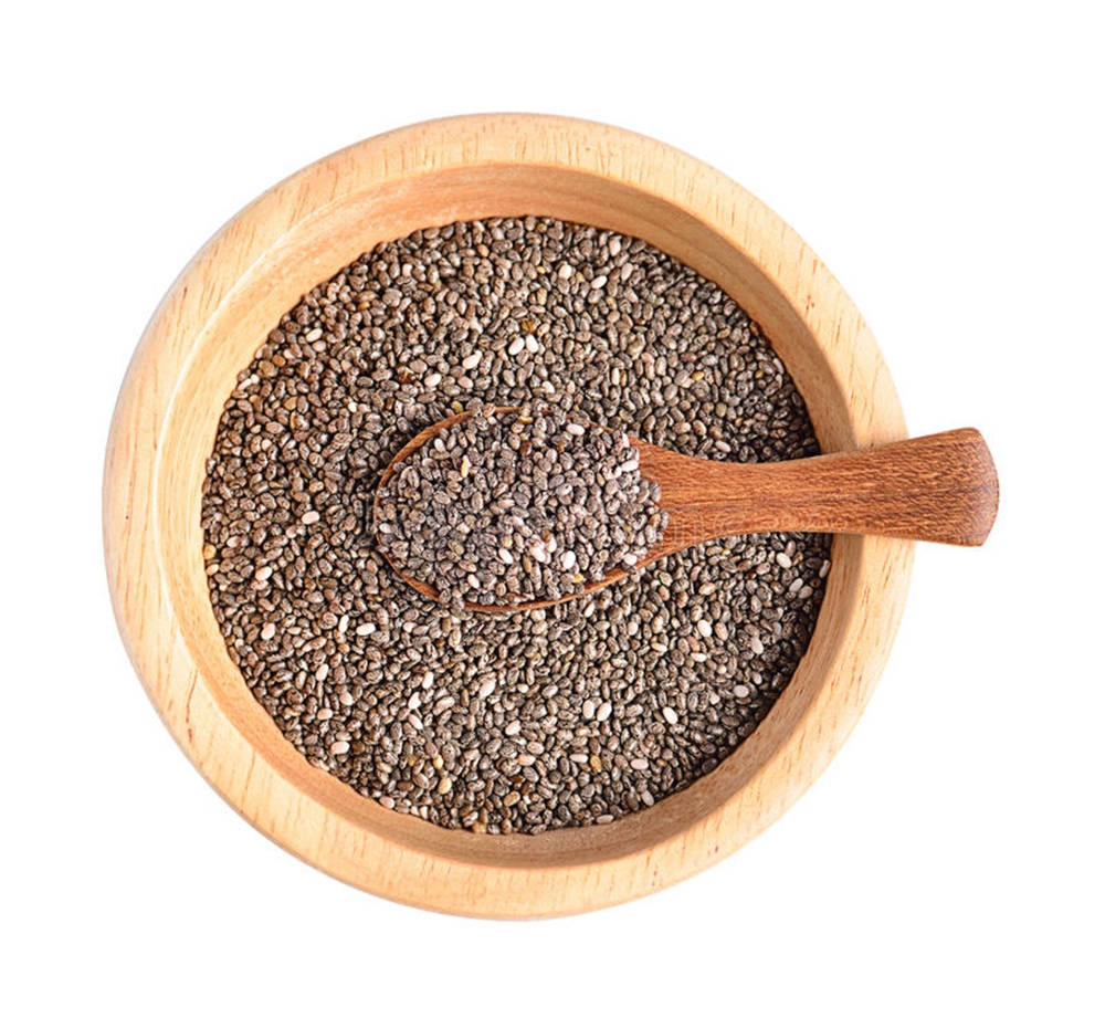 Chia Seeds, wooden bowl, wooden spoon, SD Desktop Wallpaper