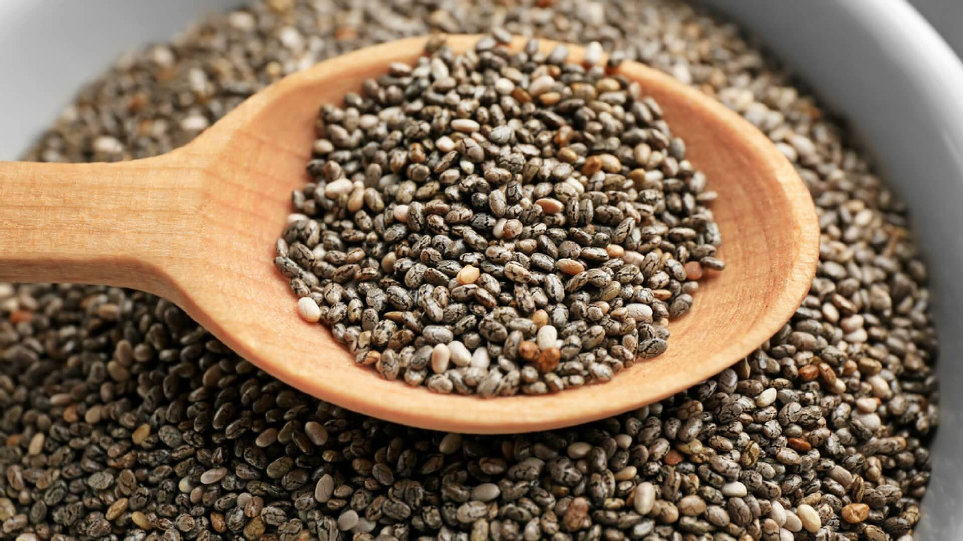 wooden scoop, chia seeds, dark speckled chia seeds, Full HD Desktop Wallpaper