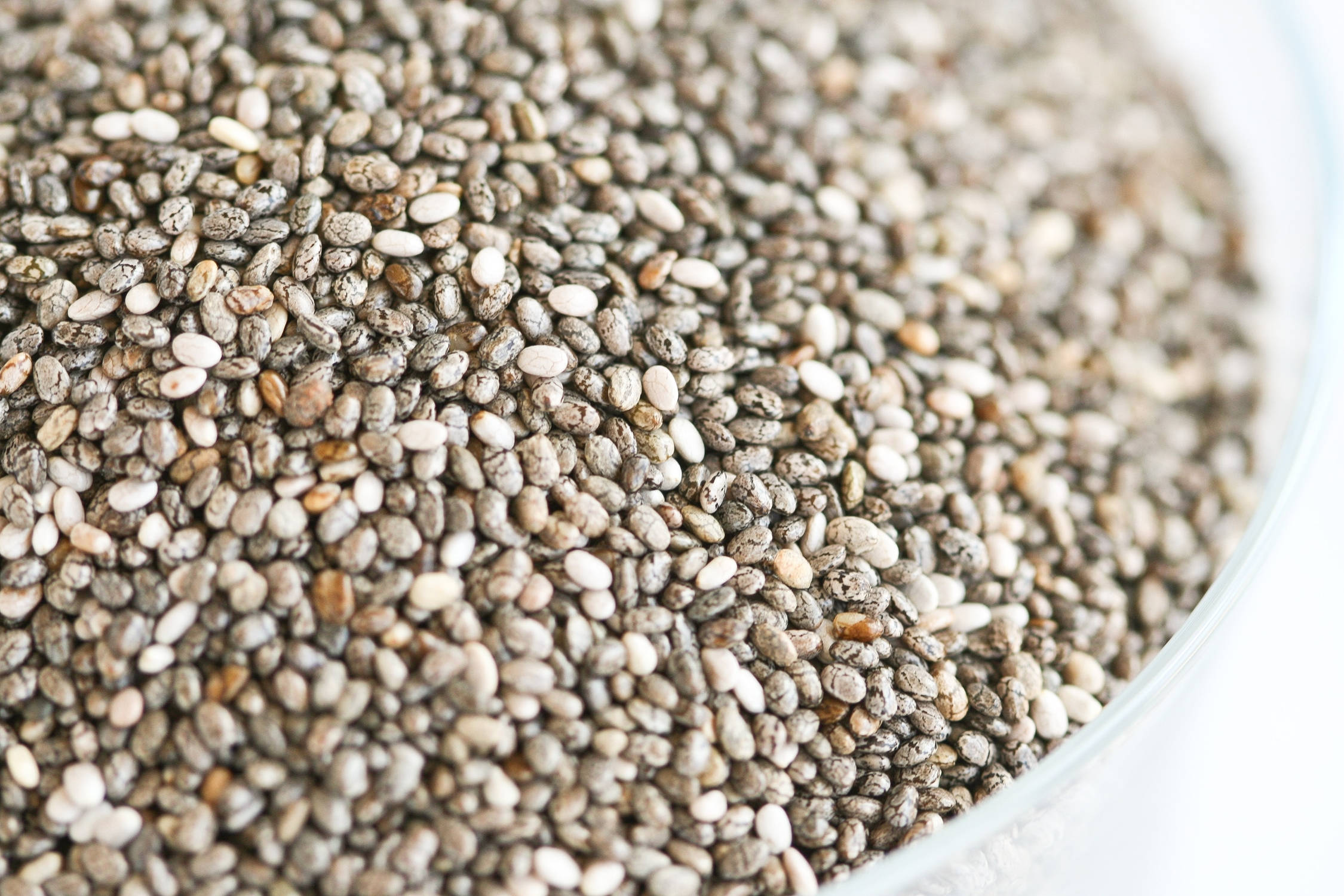 chia seeds, glass bowl, speckled gray and white textures, Full HD Desktop Wallpaper