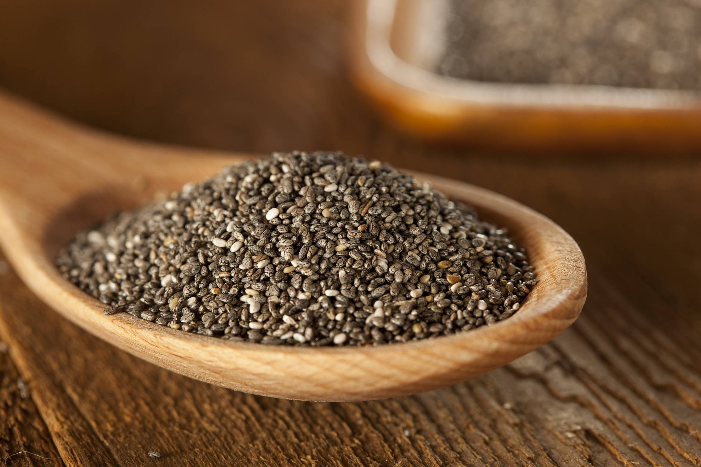 chia seeds, wooden spoon, black and white chia seeds, Full HD Desktop Wallpaper