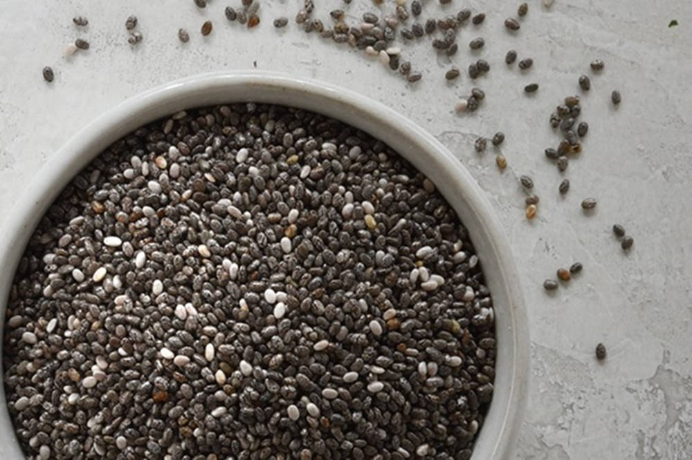 spilled chia seeds, white bowl, black and white chia seeds, SD Desktop Wallpaper