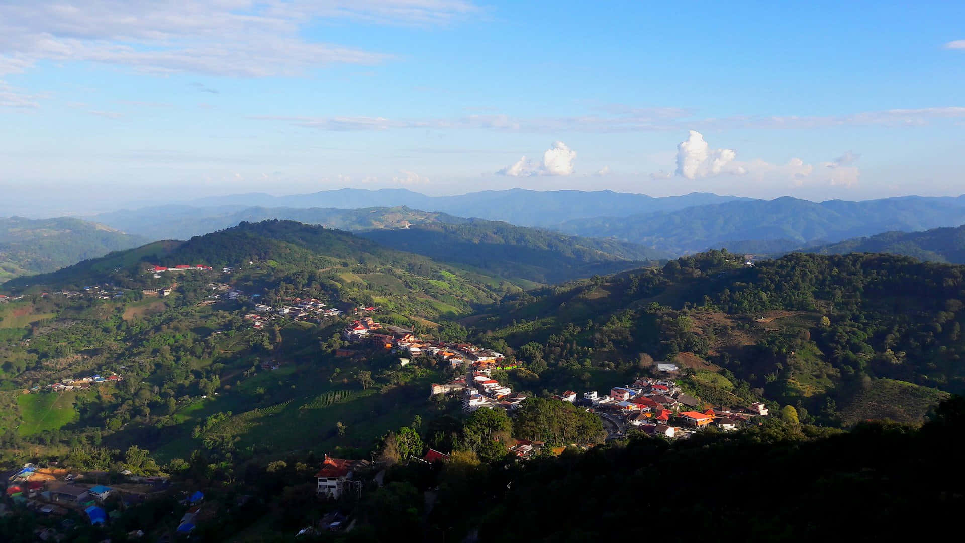 Chiang Rai, lush green mountains, bright blue sky, Full HD Desktop Wallpaper