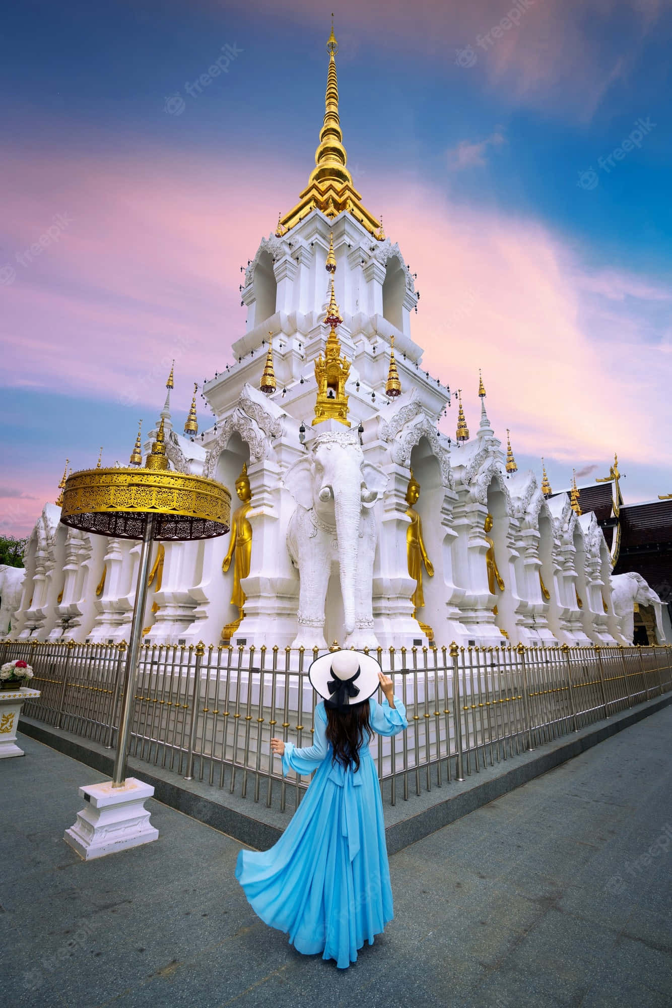 woman in blue, white temple, golden spires, Full HD Phone Wallpaper