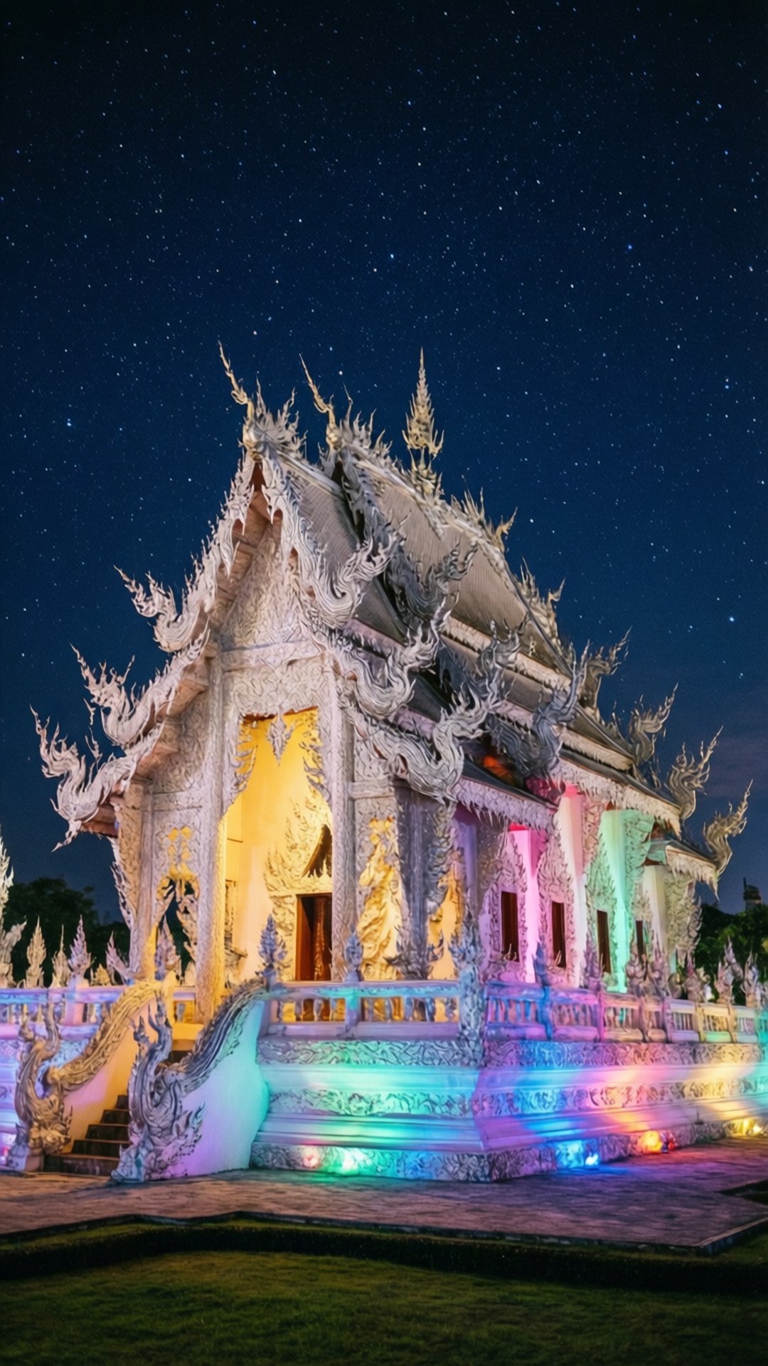 neon white temple, starry night sky, rainbow lights, Full HD Phone Wallpaper