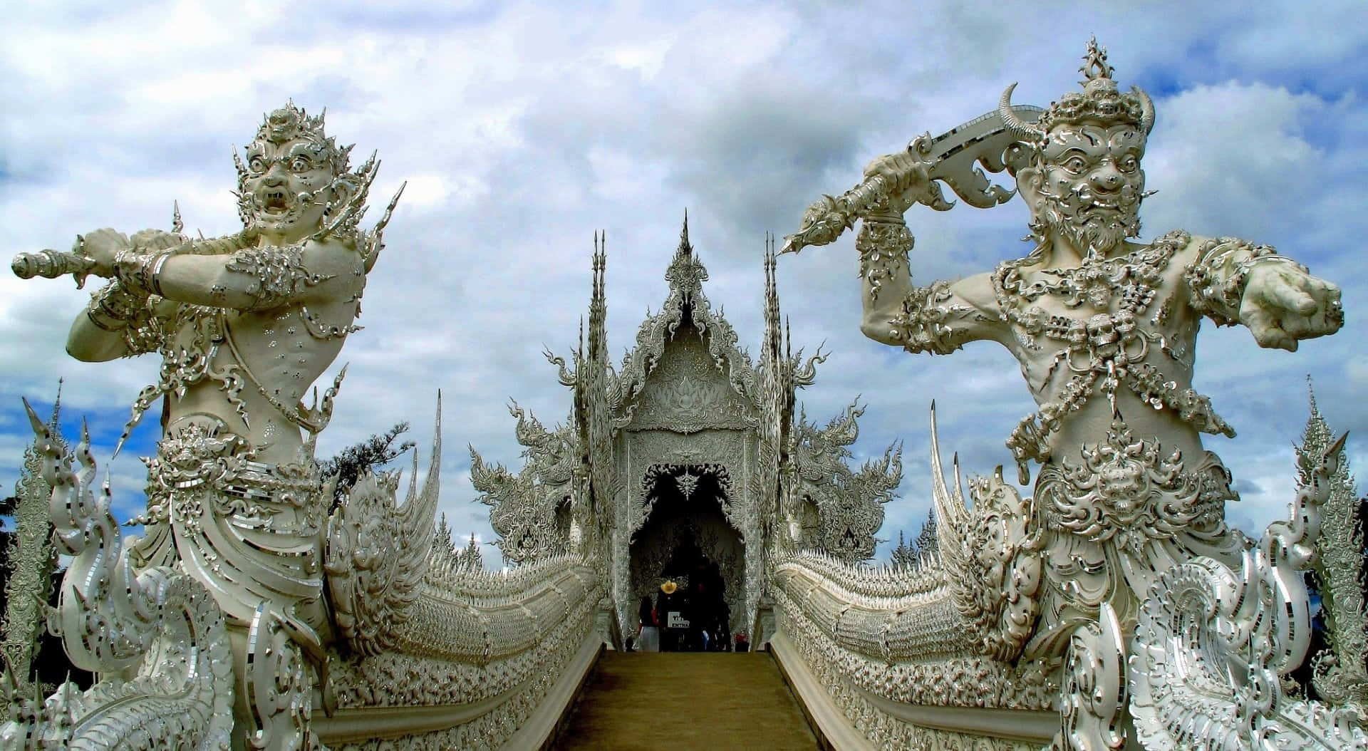 Chiang Rai, grand white temple, towering ornate guardian statues, Full HD Desktop Wallpaper