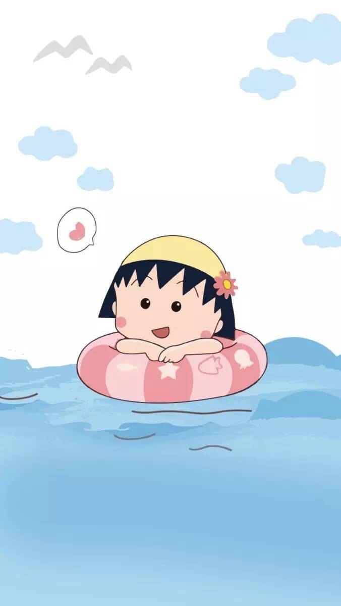 Chibi Maruko Chan, yellow hat, pink inflatable ring, SD Phone Wallpaper
