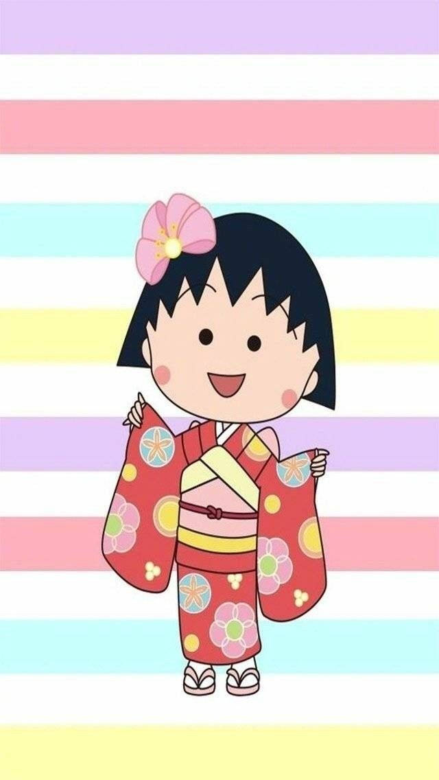 Chibi Maruko Chan, red floral kimono, pastel rainbow striped background, SD Phone Wallpaper