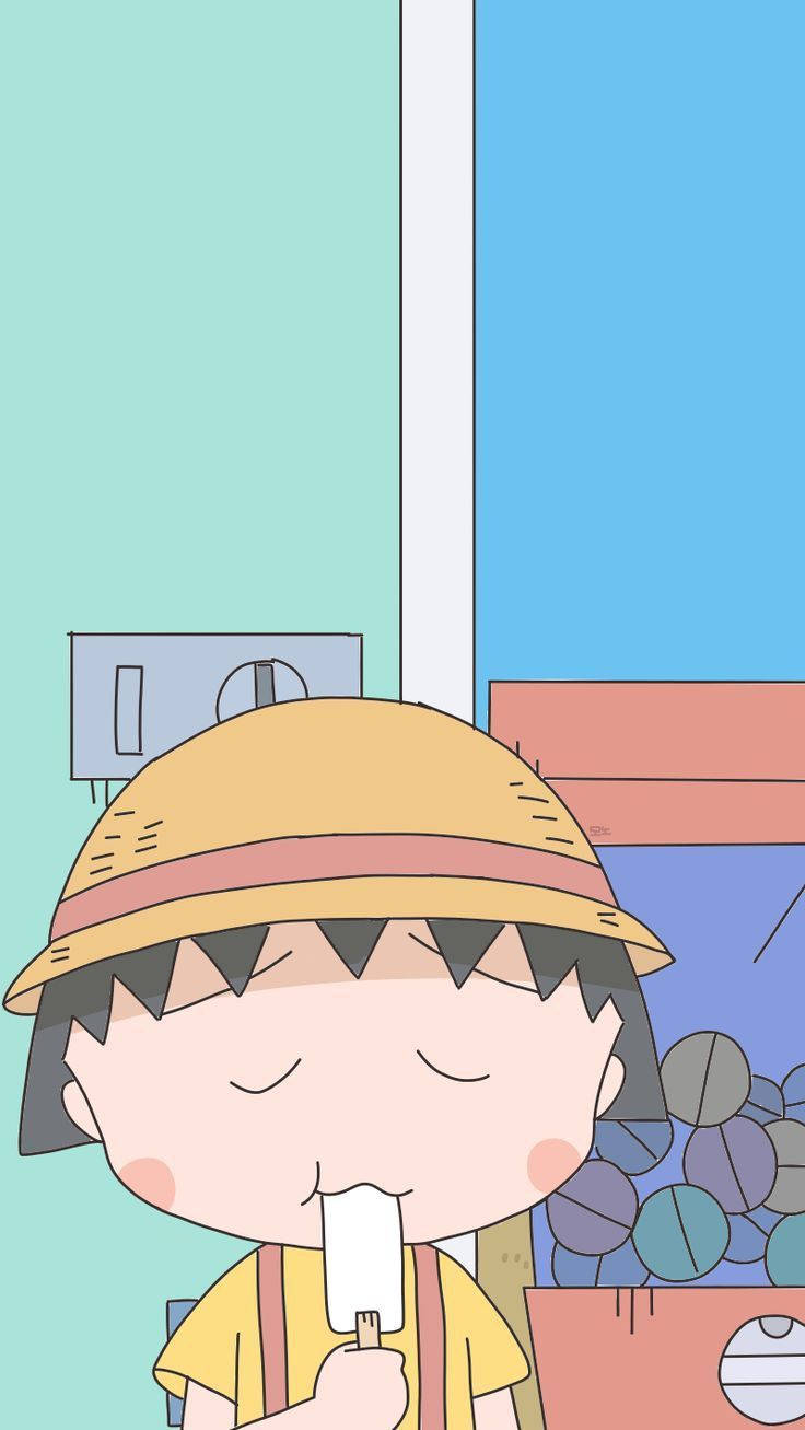 Chibi Maruko Chan, straw hat, white popsicle, HD Phone Wallpaper