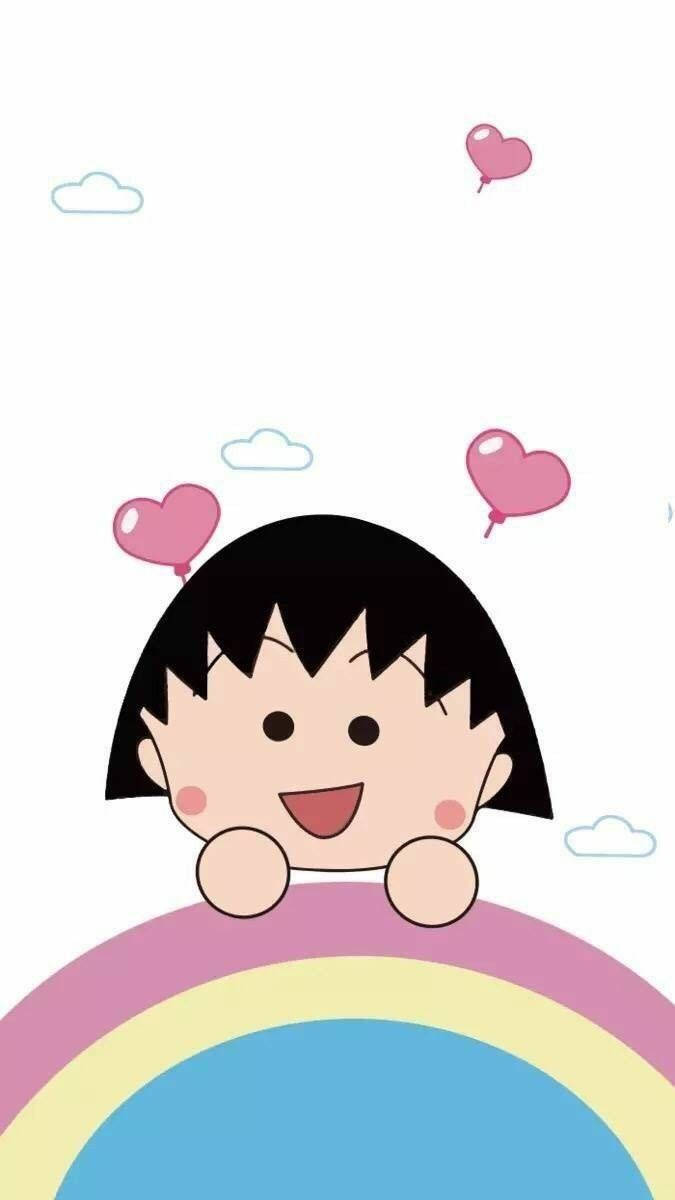 Chibi Maruko Chan, rainbow, pink heart balloons, SD Phone Wallpaper