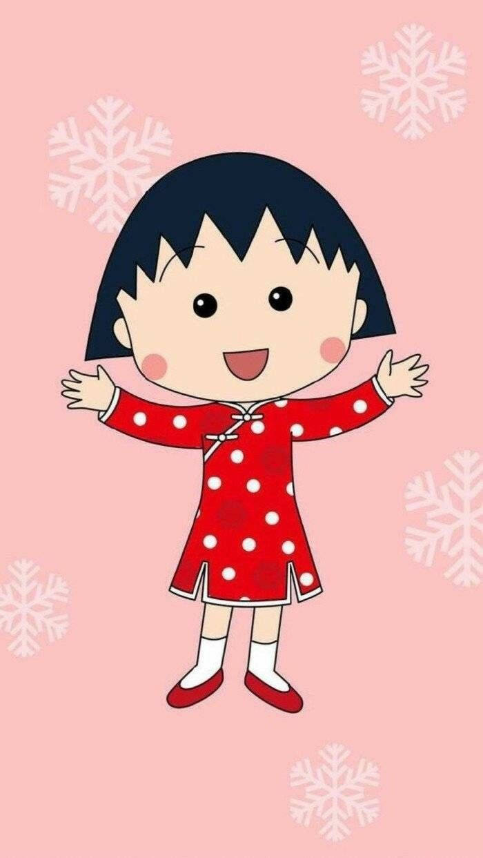 Chibi Maruko Chan, red polka-dot dress, pink background, SD Phone Wallpaper