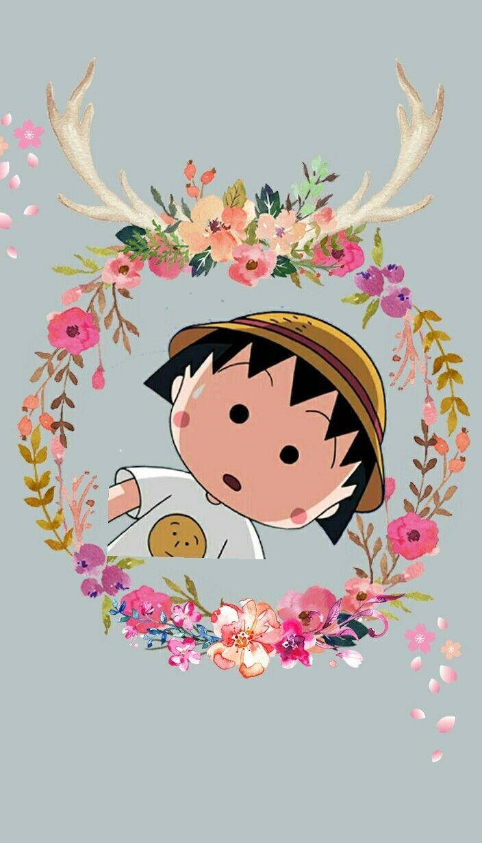 Chibi Maruko Chan, flower wreath, deer antlers, SD Phone Wallpaper