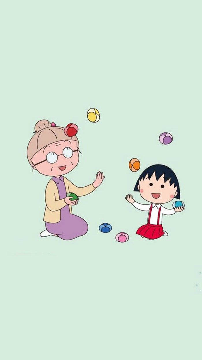 Chibi Maruko Chan, grandma, colorful balls, SD Phone Wallpaper