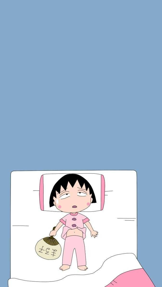 Chibi Maruko Chan, pink pajamas, fan with kanji, SD Phone Wallpaper