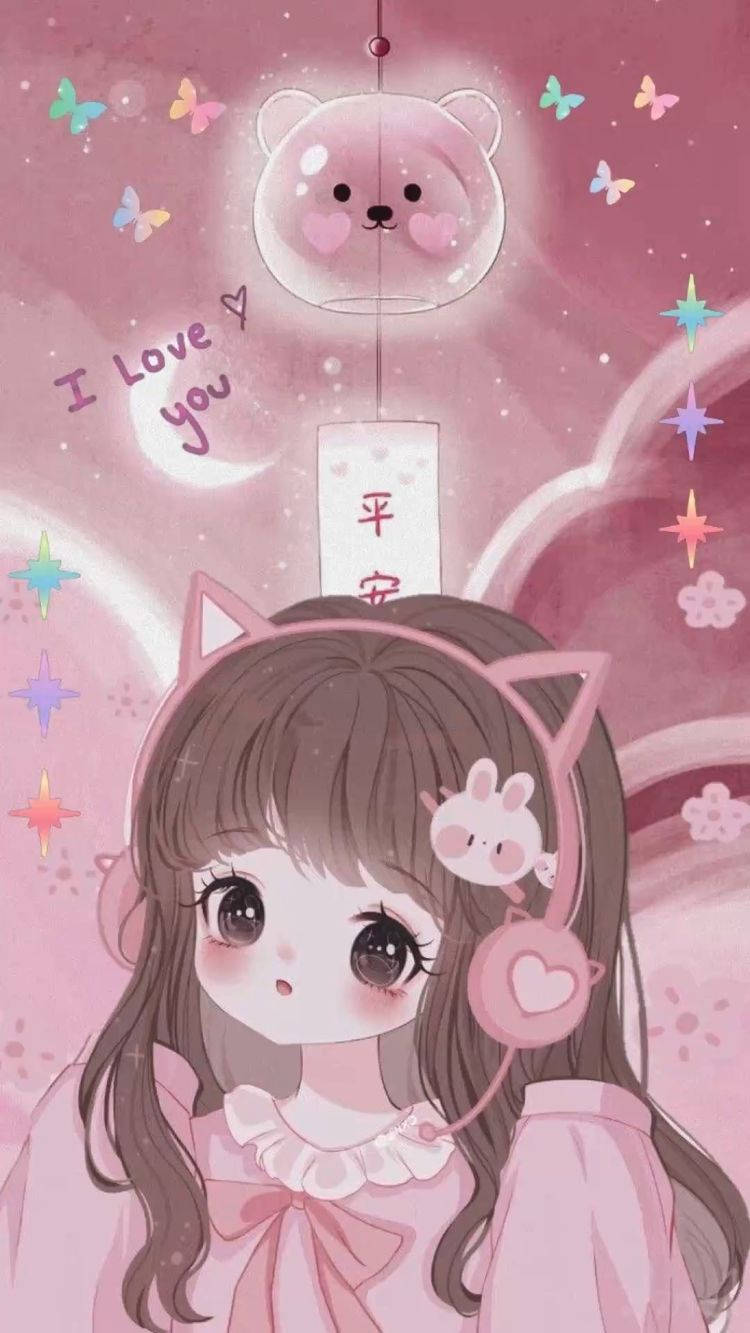 aesthetic pink anime girl, cat ears, pink headphones, HD Phone Wallpaper