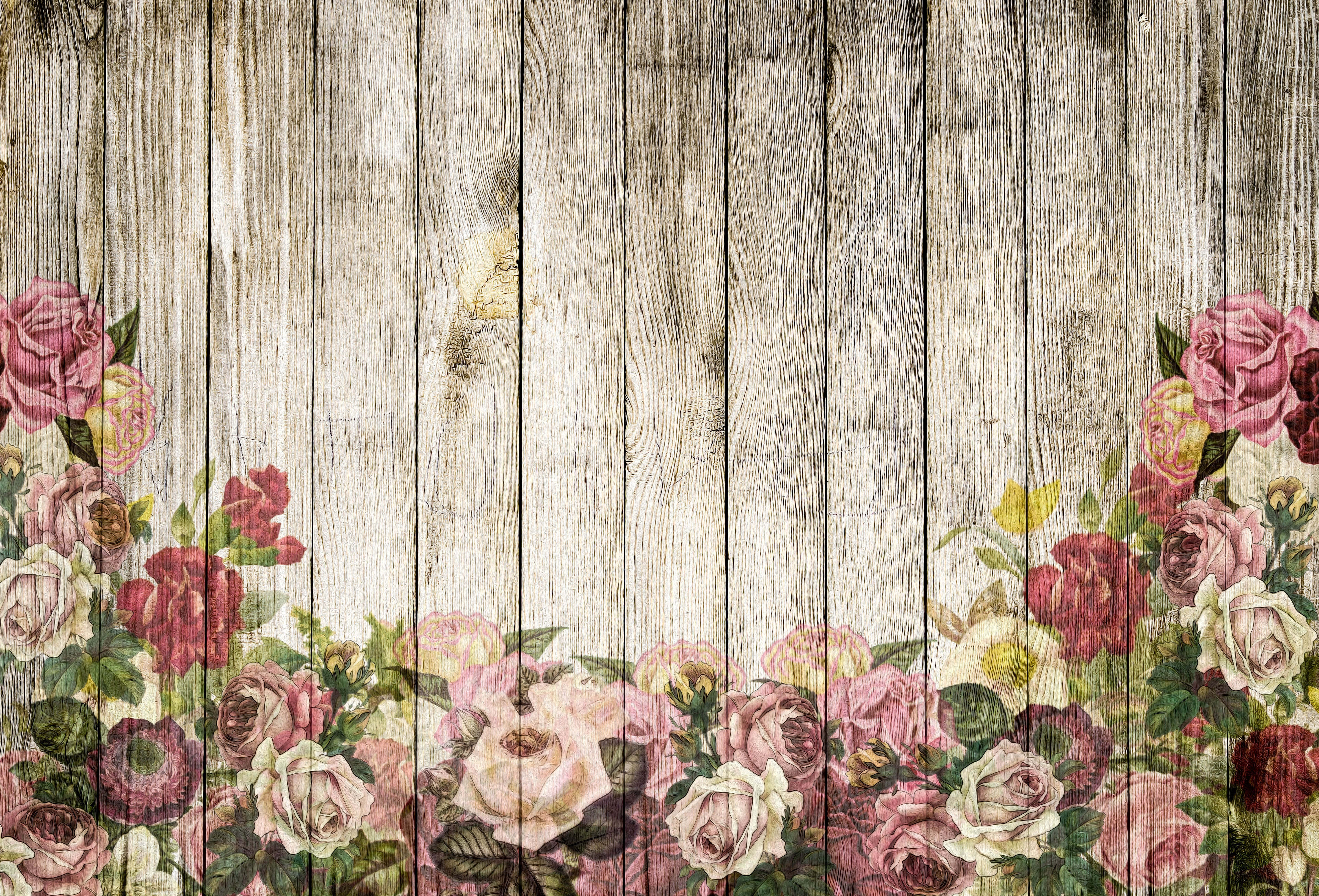 vintage wooden planks, lush floral border, pink red roses, 5K Desktop Wallpaper