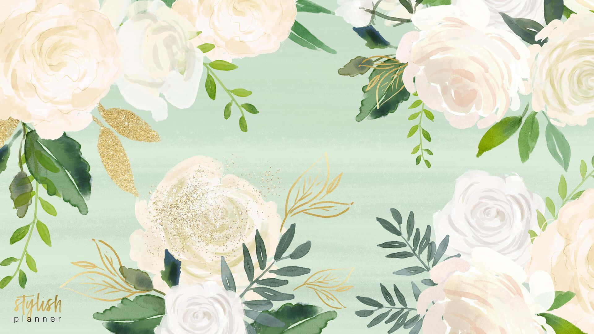 mint background, gold accents, soft watercolor roses, Full HD Desktop Wallpaper