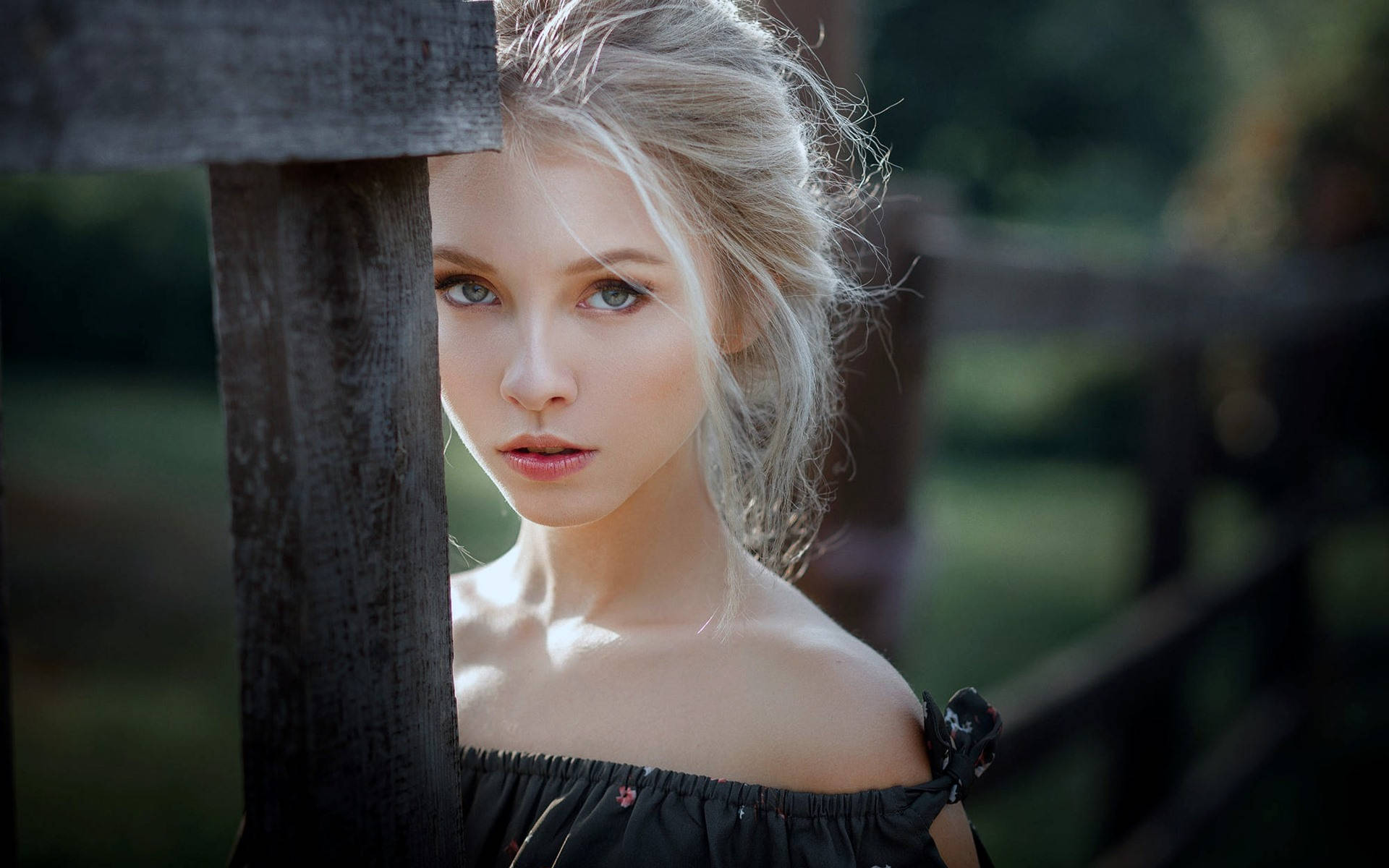 Blonde Chica Bonita, weathered wooden fence, softly lit outdoor setting, Full HD Desktop Wallpaper