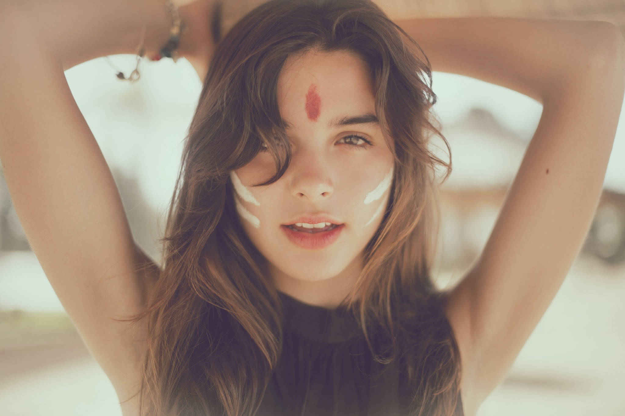 Chica Bonita, white and red face paint, long brown hair, Full HD Desktop Wallpaper