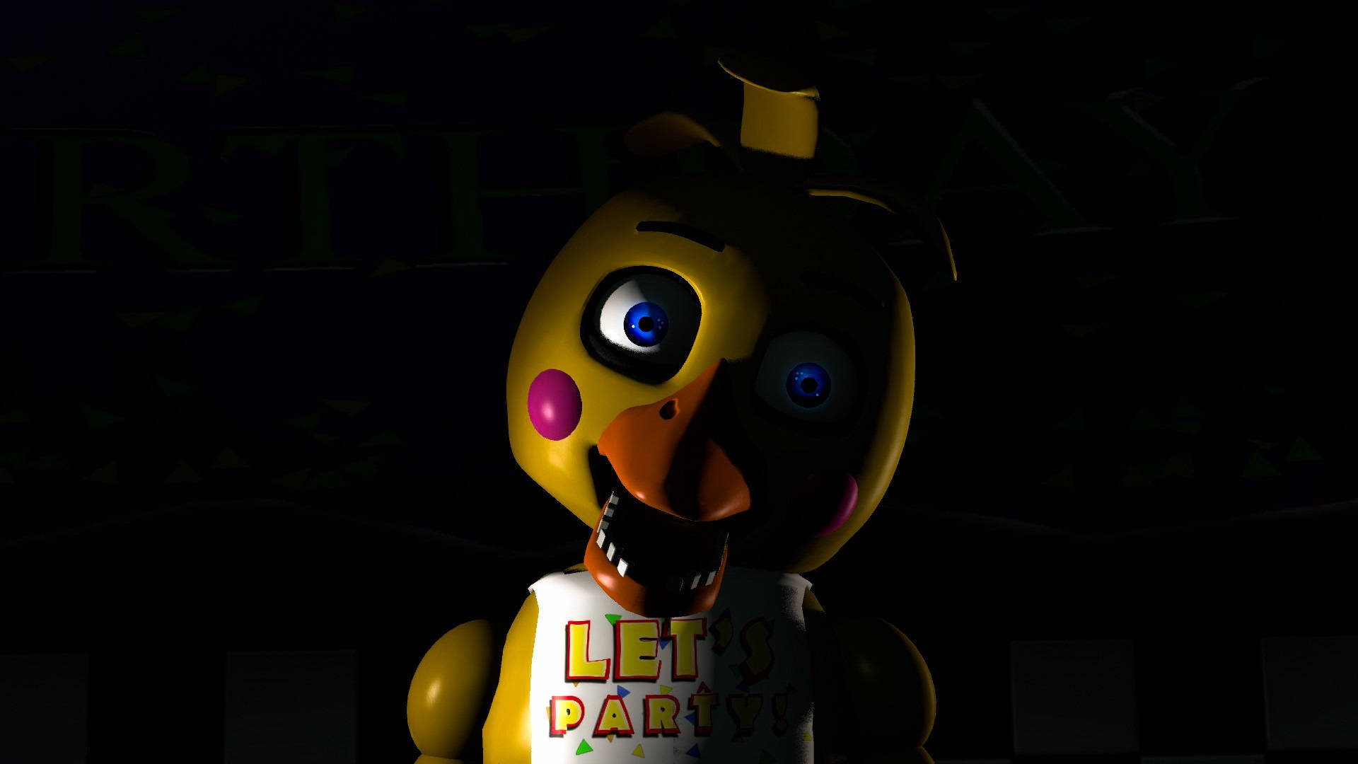FNAF Chica, yellow animatronic chicken, glowing blue eyes, Full HD Desktop Wallpaper