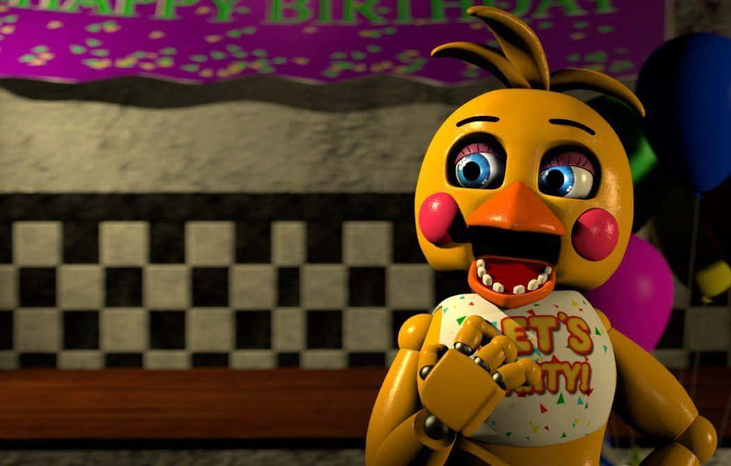 Chica, yellow animatronic chicken, wide blue eyes, SD Desktop Wallpaper