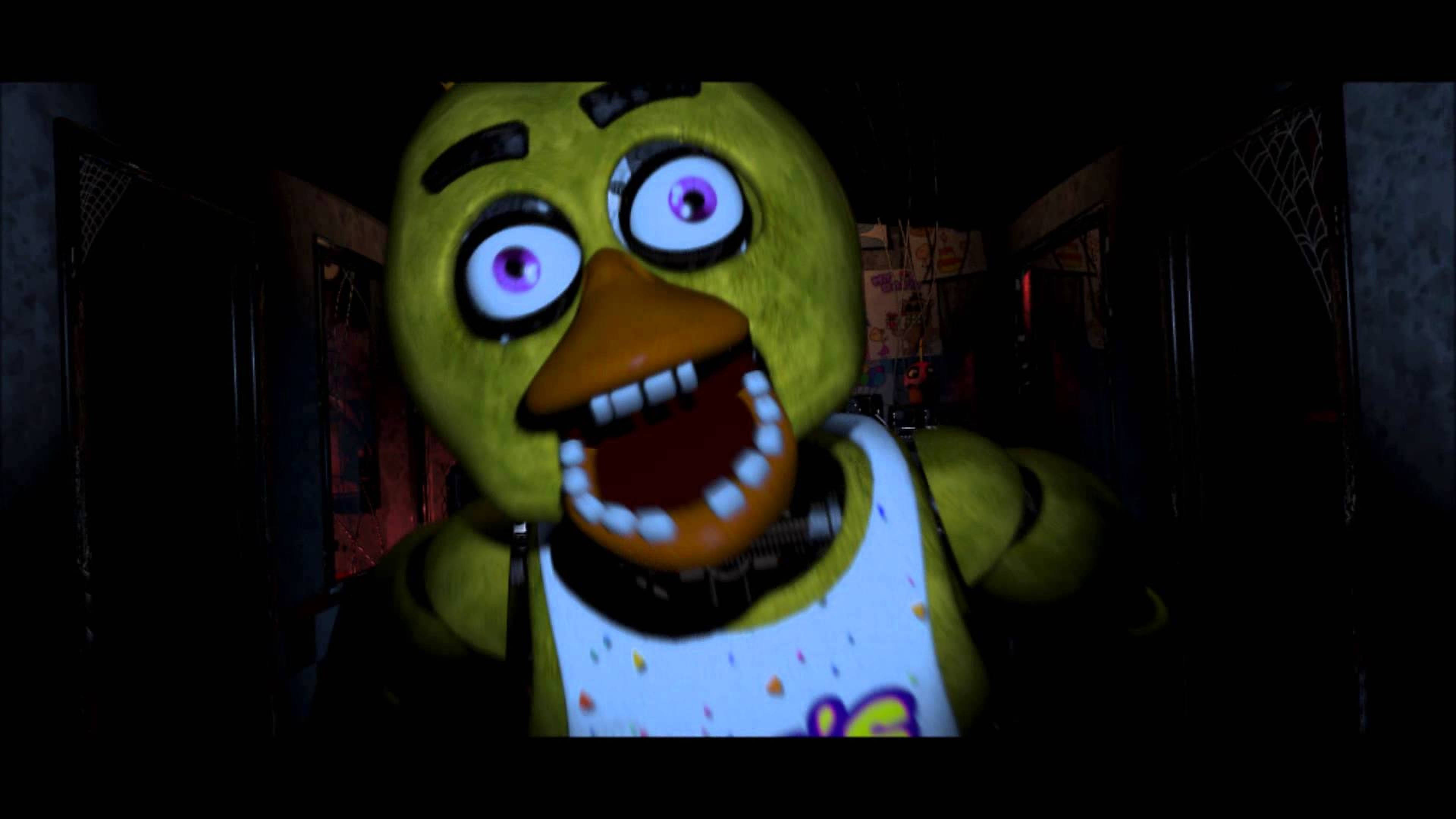 Chica Fnaf, yellow animatronic chicken, wide purple eyes, 4K Desktop Wallpaper