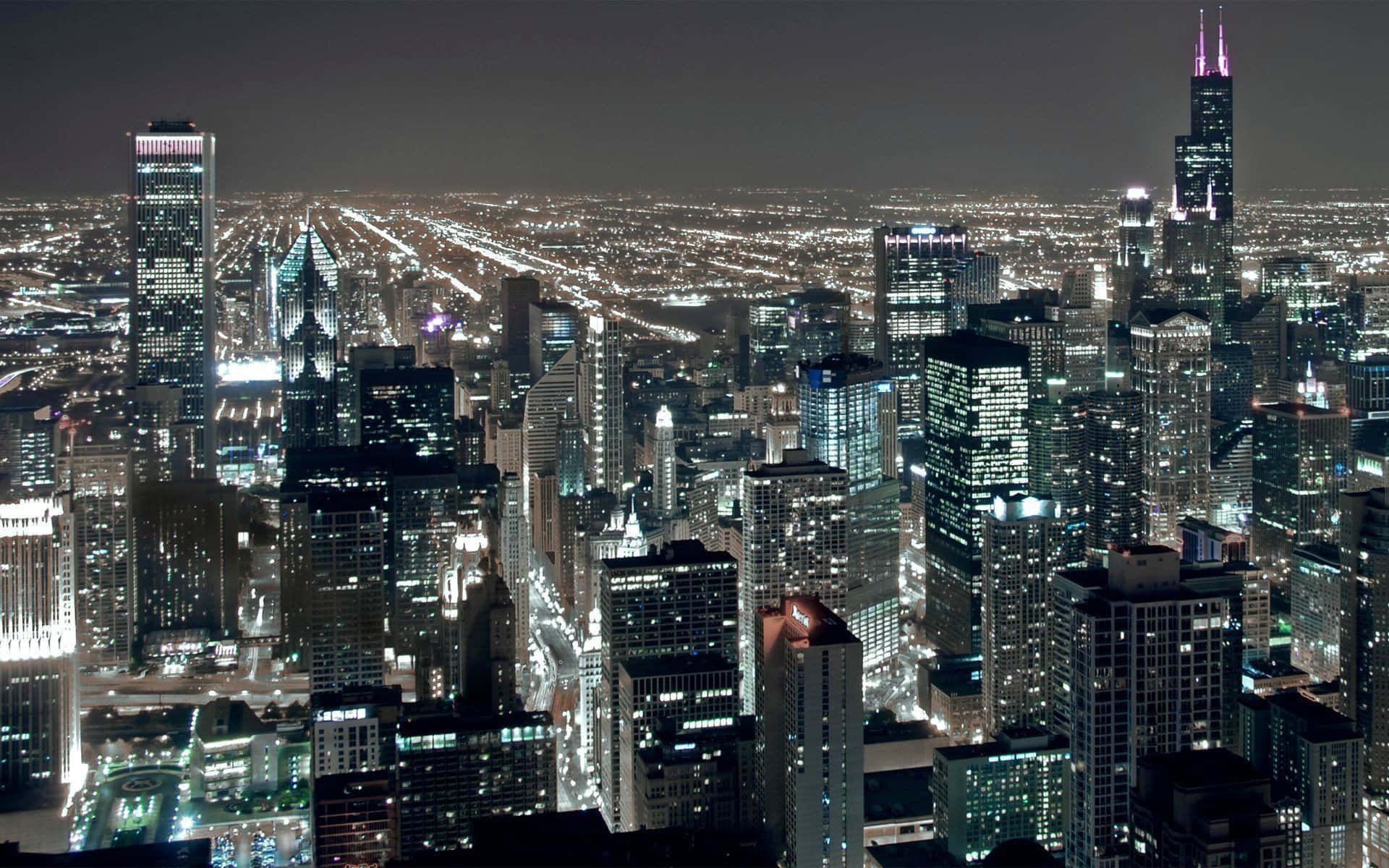 Chicago City Night, dark skyline, aerial night view, Full HD Desktop Wallpaper